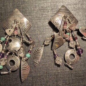 VTG Signed Tabra Earrings Silver Tone Dangle Multi-Layered Multiple Beads Colors
